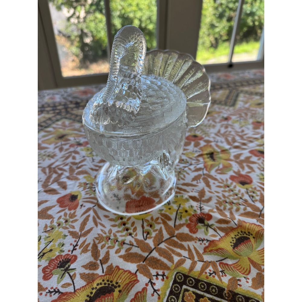 Vintage Clear Pressed Glass Turkey Candy Dish Thanksgiving Pedestal Decor Lidded